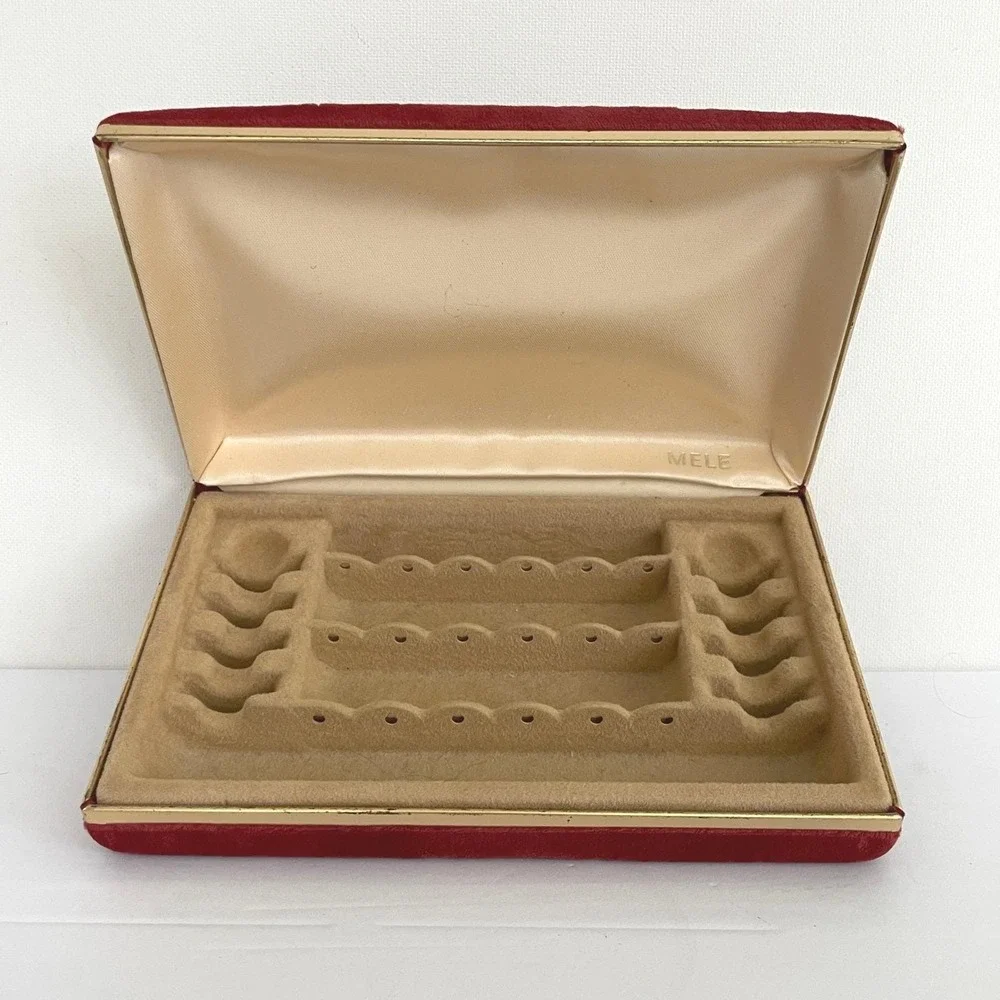 Vintage Mele Red Velvet Jewelry Travel Case Gold Tone Trim Clamshell Organizer‎